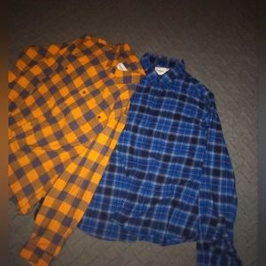 Flannel shirt, blue is size XL and the dull orange is size XXL